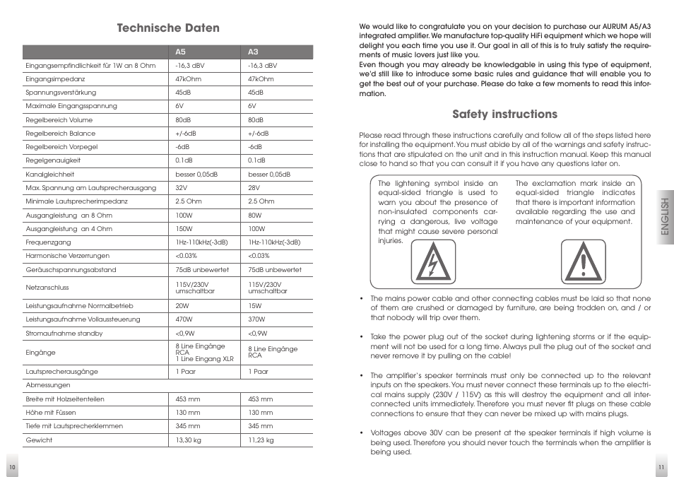 Safety instructions, Technische daten, English | Quadral AURUM A5 User Manual | Page 6 / 19