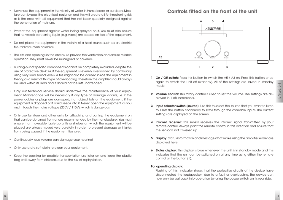 Controls fitted on the front of the unit, English | Quadral AURUM A5 User Manual | Page 7 / 19