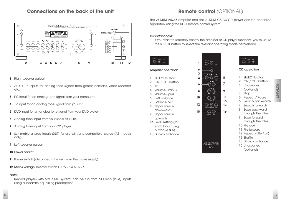 Connections on the back of the unit, Remote control (optional), English | Quadral AURUM A5 User Manual | Page 8 / 19