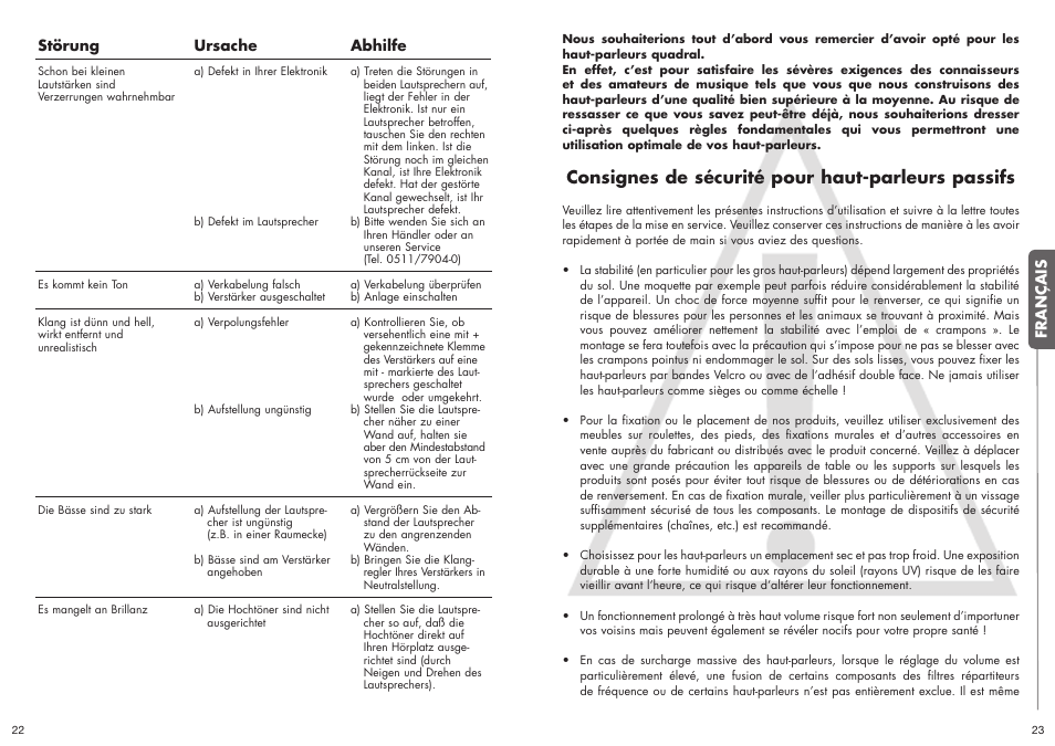 Consignes de sécurité pour haut-parleurs passifs | Quadral ALLGEMEIN User Manual | Page 12 / 23