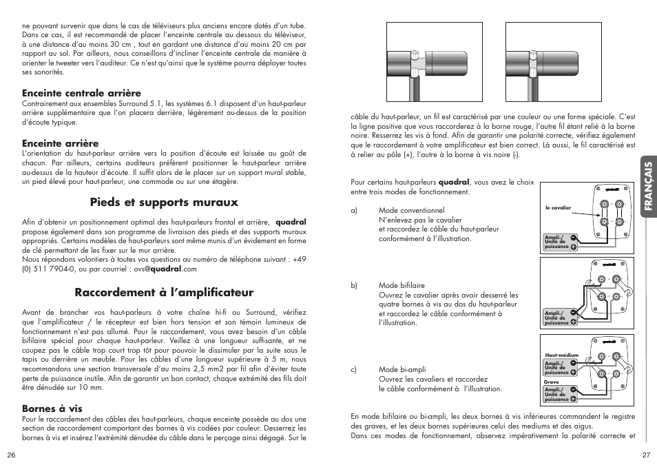 Pieds et supports muraux, Raccordement à l’amplificateur, Français | Enceinte centrale arrière, Enceinte arrière, Bornes à vis | Quadral ALLGEMEIN User Manual | Page 14 / 23
