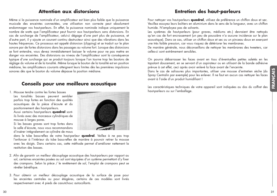 Attention aux distorsions, Conseils pour une meilleure acoustique, Entretien des haut-parleurs | Quadral ALLGEMEIN User Manual | Page 16 / 23