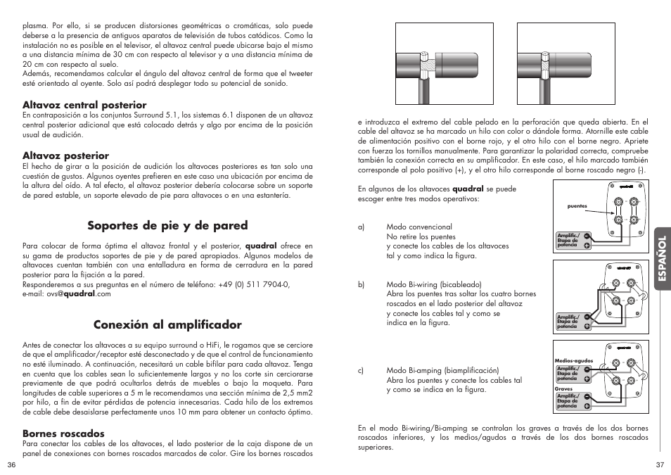 Soportes de pie y de pared, Conexión al amplificador, Esp añol | Altavoz central posterior, Altavoz posterior, Bornes roscados | Quadral ALLGEMEIN User Manual | Page 19 / 23