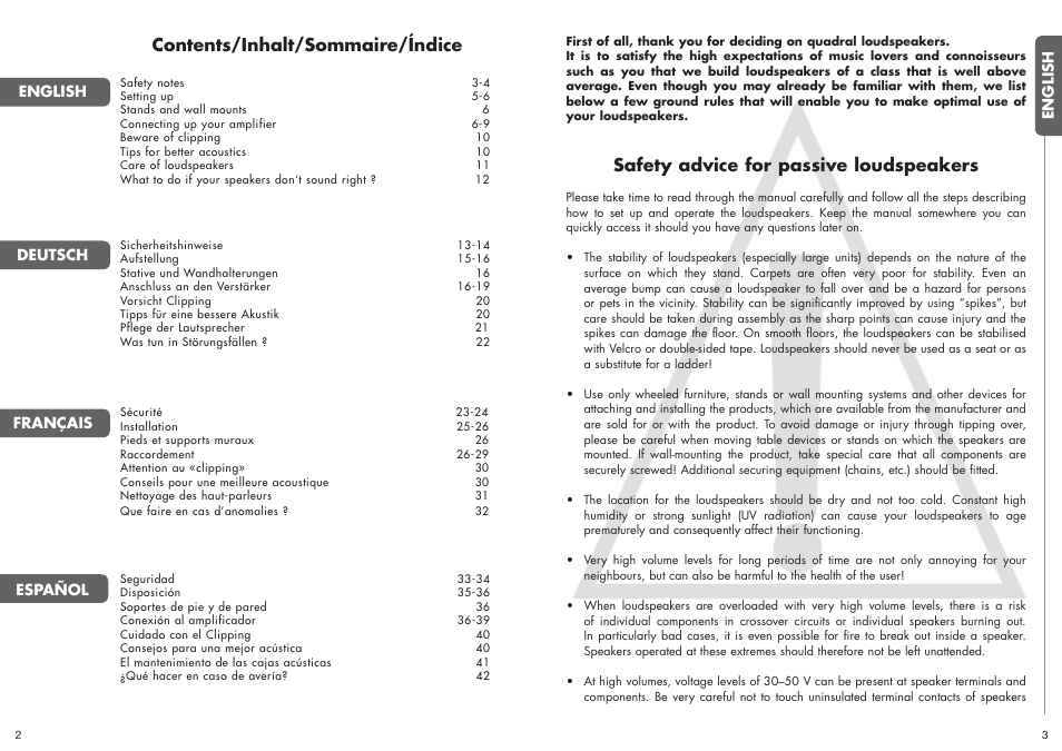 Contents/inhalt/sommaire/índice, Safety advice for passive loudspeakers | Quadral ALLGEMEIN User Manual | Page 2 / 23