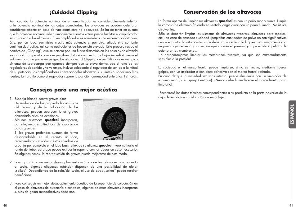 Cuidado! clipping, Consejos para una mejor acústica, Conservación de los altavoces | Quadral ALLGEMEIN User Manual | Page 21 / 23