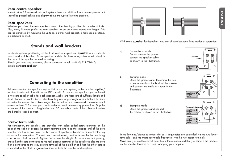 Stands and wall brackets, Connecting to the amplifier, English | Rear centre speaker, Rear speakers, Screw terminals | Quadral ALLGEMEIN User Manual | Page 4 / 23