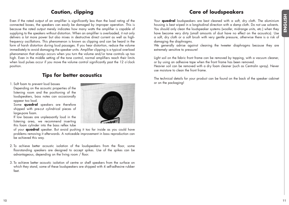 Caution, clipping, Tips for better acoustics, Care of loudspeakers | Quadral ALLGEMEIN User Manual | Page 6 / 23