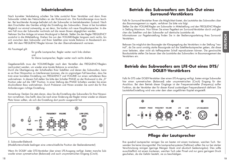 Pflege der lautsprecher, Inbetriebnahme | Quadral SUBWOOFER User Manual | Page 10 / 21