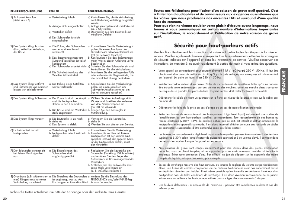 Sécurité pour haut-parleurs actifs, Français | Quadral SUBWOOFER User Manual | Page 11 / 21