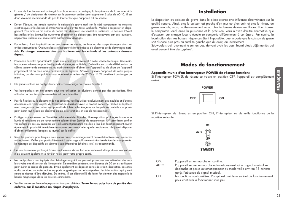 Installation, Modes de fonctionnement | Quadral SUBWOOFER User Manual | Page 12 / 21