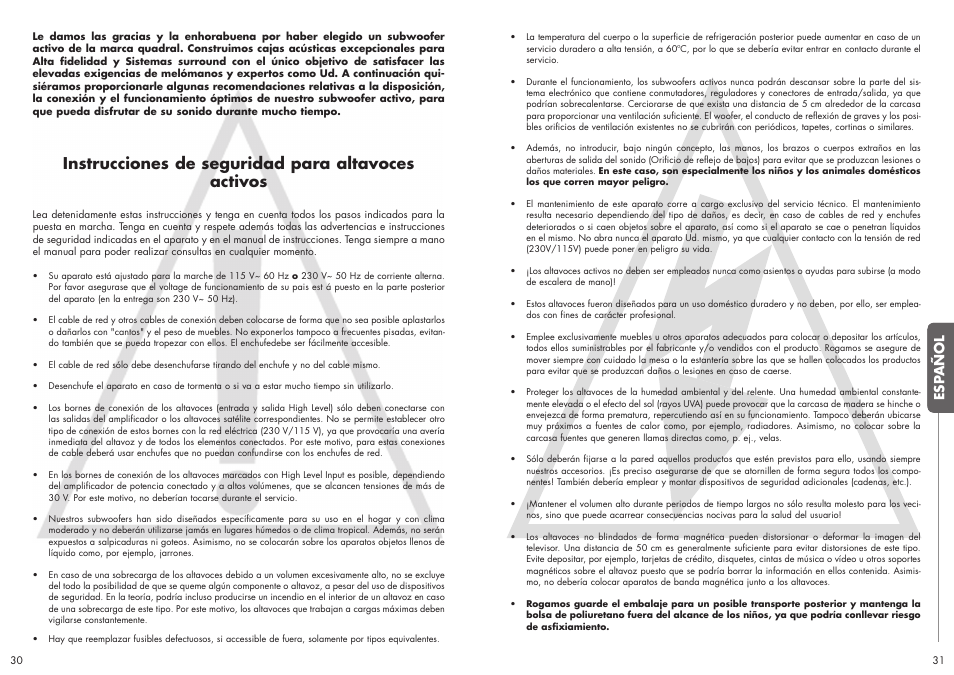 Instrucciones de seguridad para altavoces activos, Esp añol | Quadral SUBWOOFER User Manual | Page 16 / 21