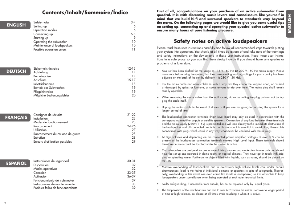 Contents/inhalt/sommaire/índice | Quadral SUBWOOFER User Manual | Page 2 / 21