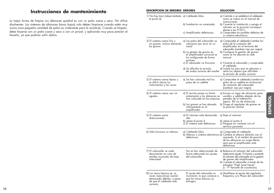 Instrucciones de mantenimiento, Esp añol | Quadral SUBWOOFER User Manual | Page 20 / 21