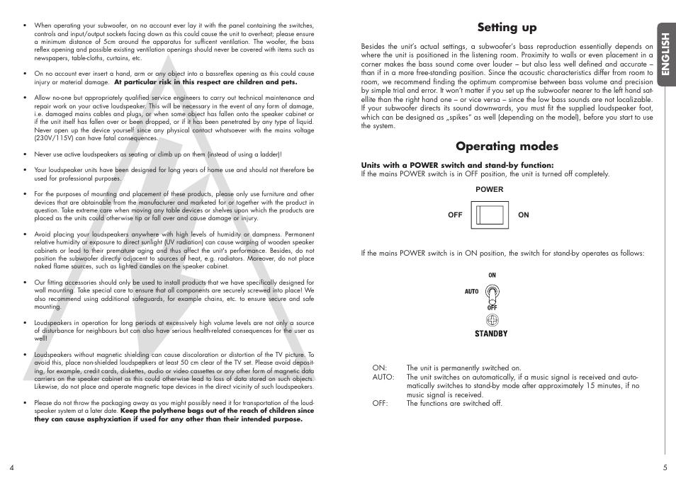 Setting up, Operating modes | Quadral SUBWOOFER User Manual | Page 3 / 21