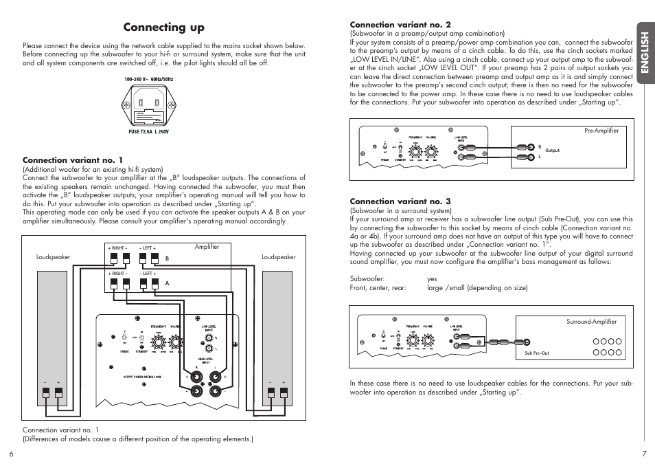 Connecting up, English | Quadral SUBWOOFER User Manual | Page 4 / 21