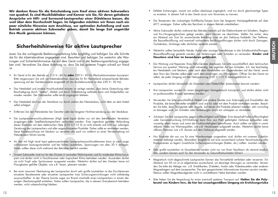 Sicherheitshinweise für aktive lautsprecher, Deutsch | Quadral SUBWOOFER User Manual | Page 7 / 21