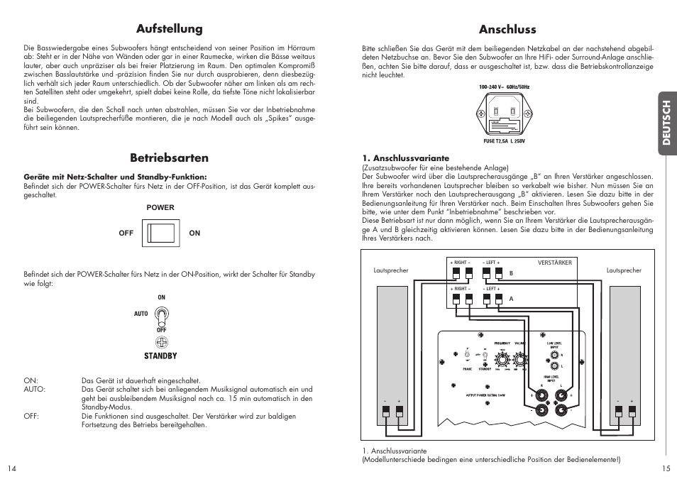 Anschluss, Aufstellung, Betriebsarten | Quadral SUBWOOFER User Manual | Page 8 / 21