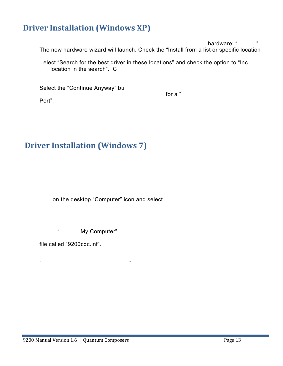 River, Nstallation, Indows | Driver installation (windows xp), Driver installation (windows 7) | Quantum Composers 9200 Series User Manual | Page 13 / 58