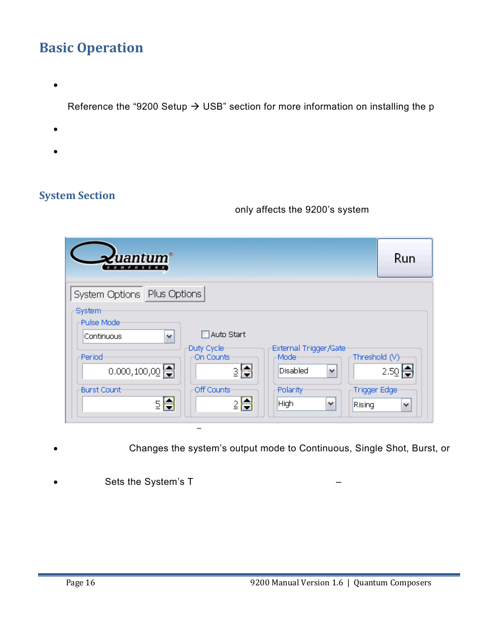 Asic, Peration, System section | Basic operation | Quantum Composers 9200 Series User Manual | Page 16 / 58