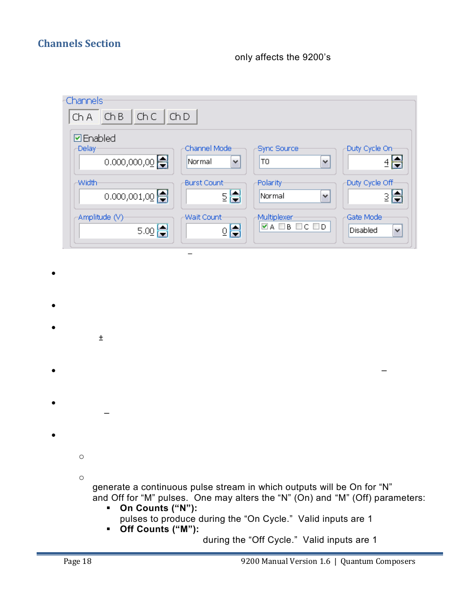 Channels section | Quantum Composers 9200 Series User Manual | Page 18 / 58