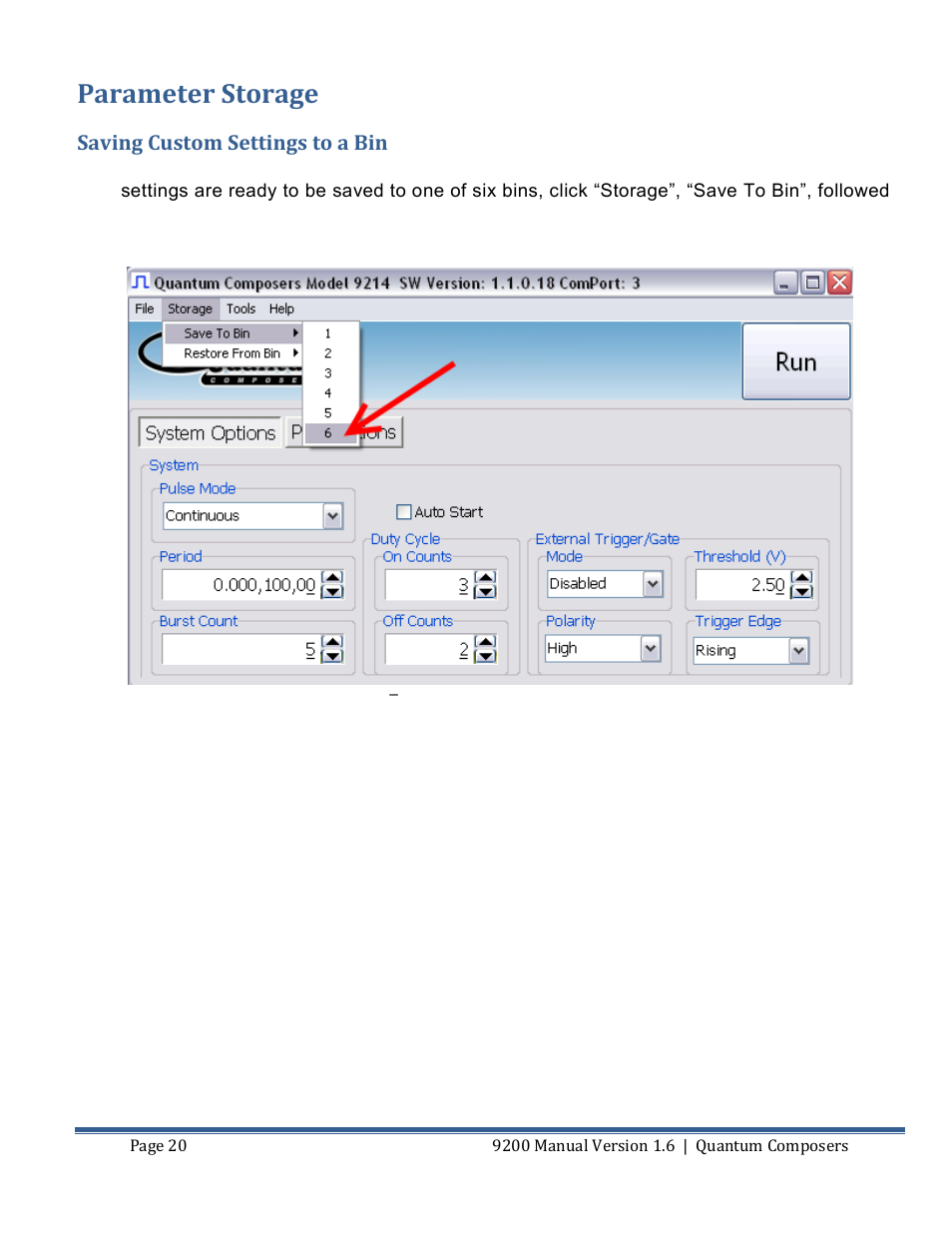 Arameter, Torage, Saving custom settings to a bin | Parameter storage | Quantum Composers 9200 Series User Manual | Page 20 / 58
