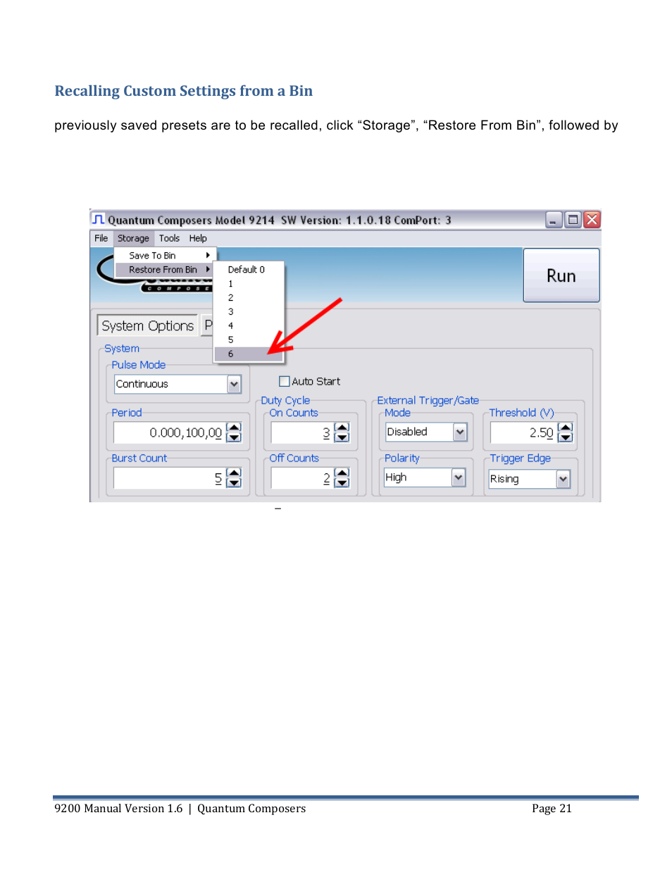Recalling custom settings from a bin | Quantum Composers 9200 Series User Manual | Page 21 / 58