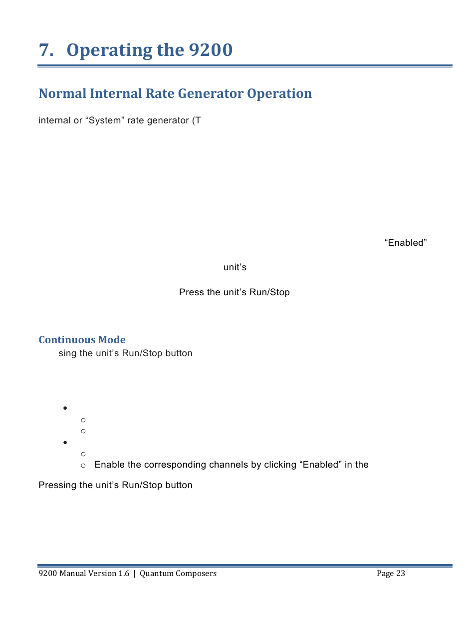 Operating the 9200, Ormal, Nternal | Enerator, Peration, Continuous mode, Normal internal rate generator operation | Quantum Composers 9200 Series User Manual | Page 23 / 58