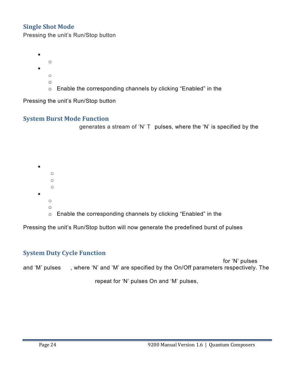 Single shot mode, System burst mode function, System duty cycle function | Quantum Composers 9200 Series User Manual | Page 24 / 58