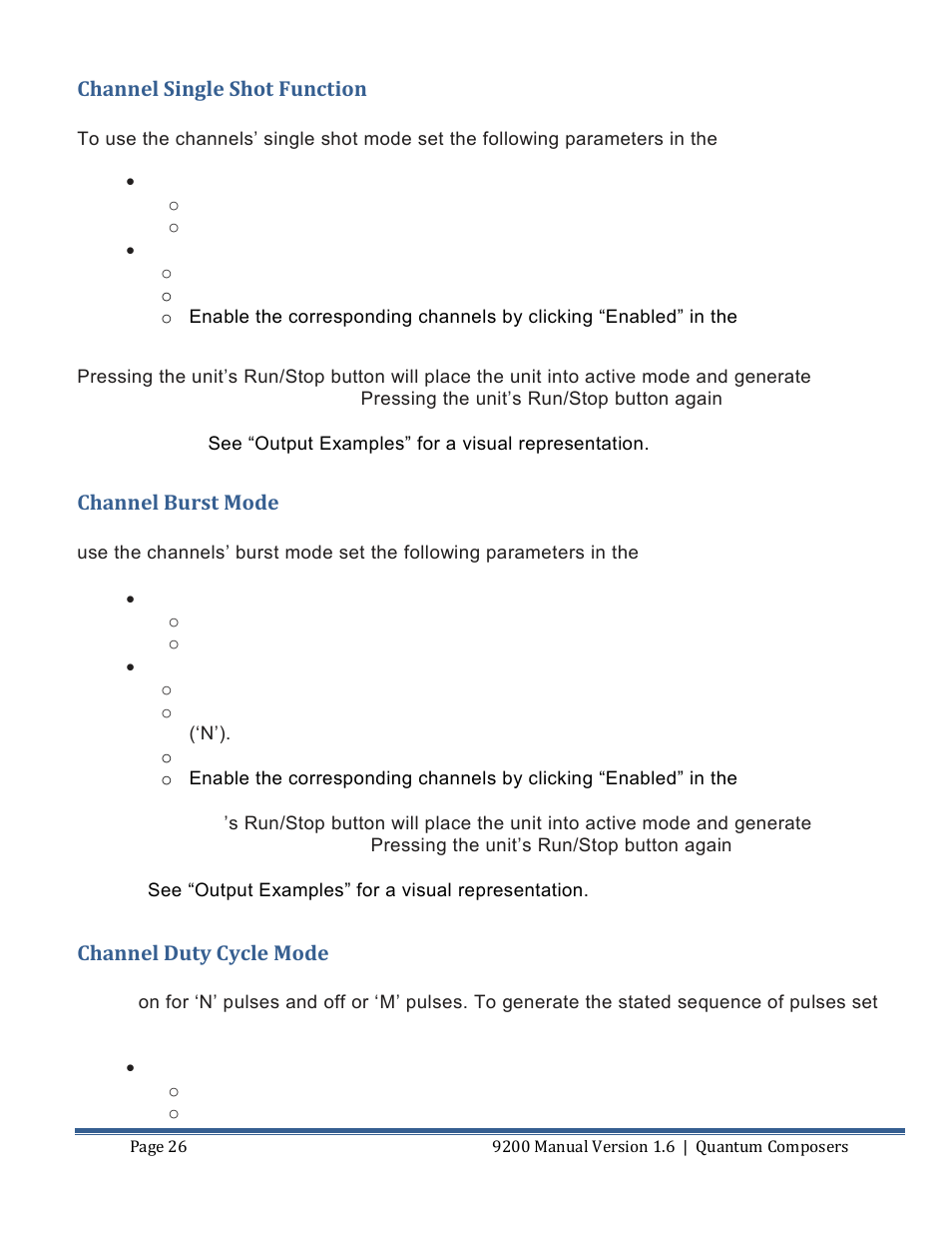 Channel single shot function, Channel burst mode, Channel duty cycle mode | Quantum Composers 9200 Series User Manual | Page 26 / 58