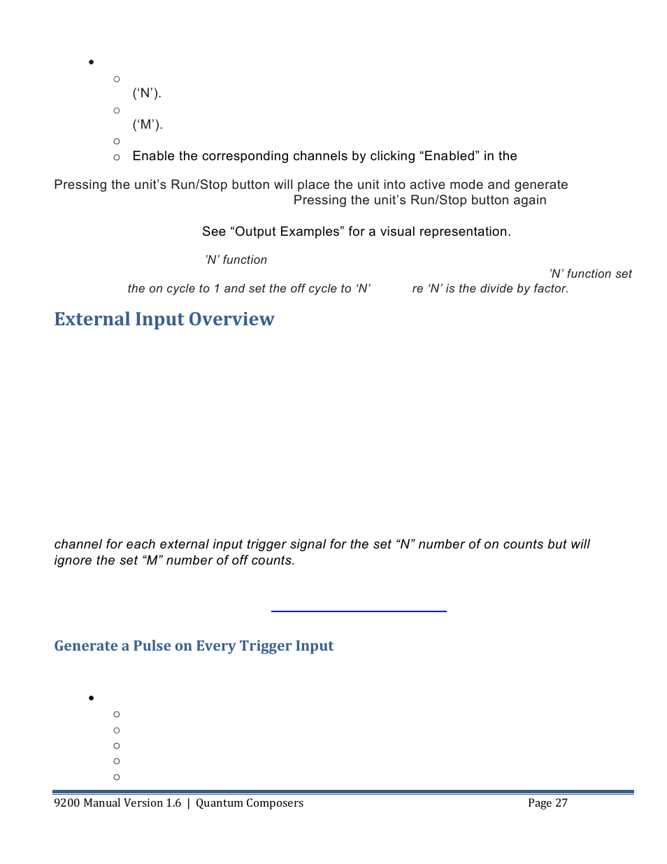Xternal, Nput, Verview | Generate a pulse on every trigger input, External input overview | Quantum Composers 9200 Series User Manual | Page 27 / 58