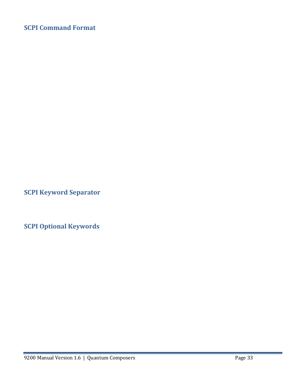 Scpi command format, Scpi keyword separator, Scpi optional keywords | Quantum Composers 9200 Series User Manual | Page 33 / 58