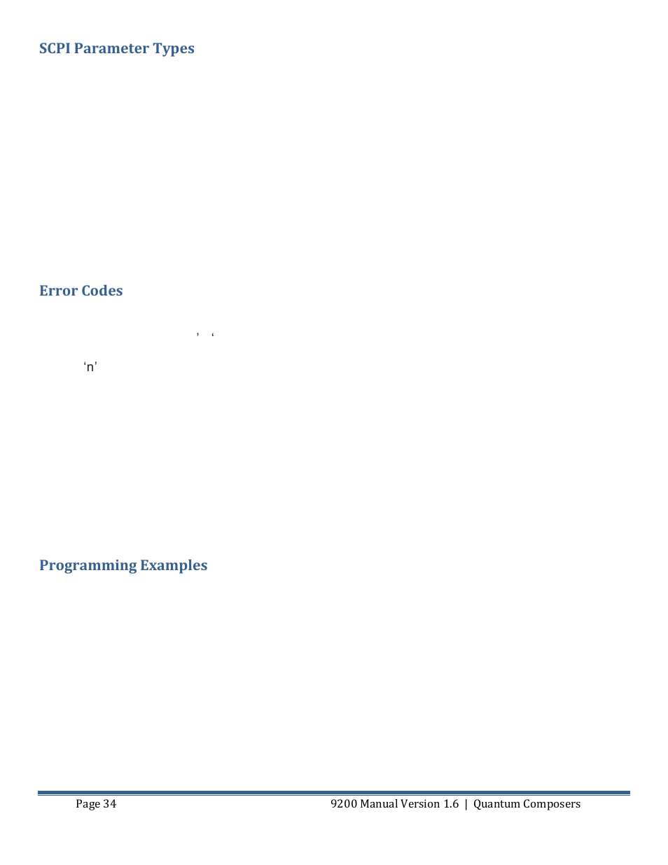 Scpi parameter types, Error codes, Programming examples | Quantum Composers 9200 Series User Manual | Page 34 / 58