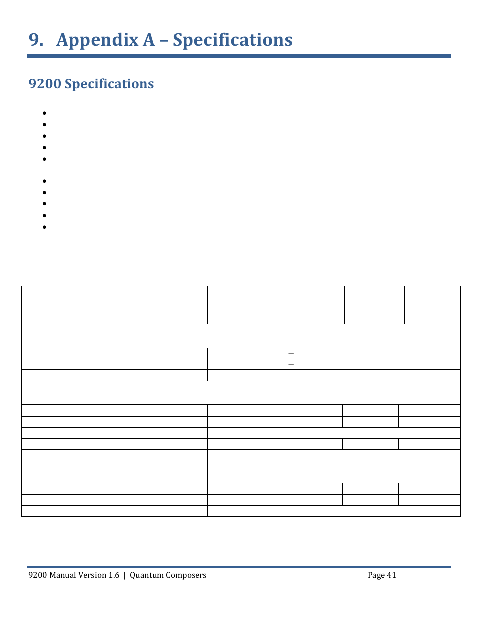 Appendix a – specifications, Pecifications, 9200 specifications | Quantum Composers 9200 Series User Manual | Page 41 / 58