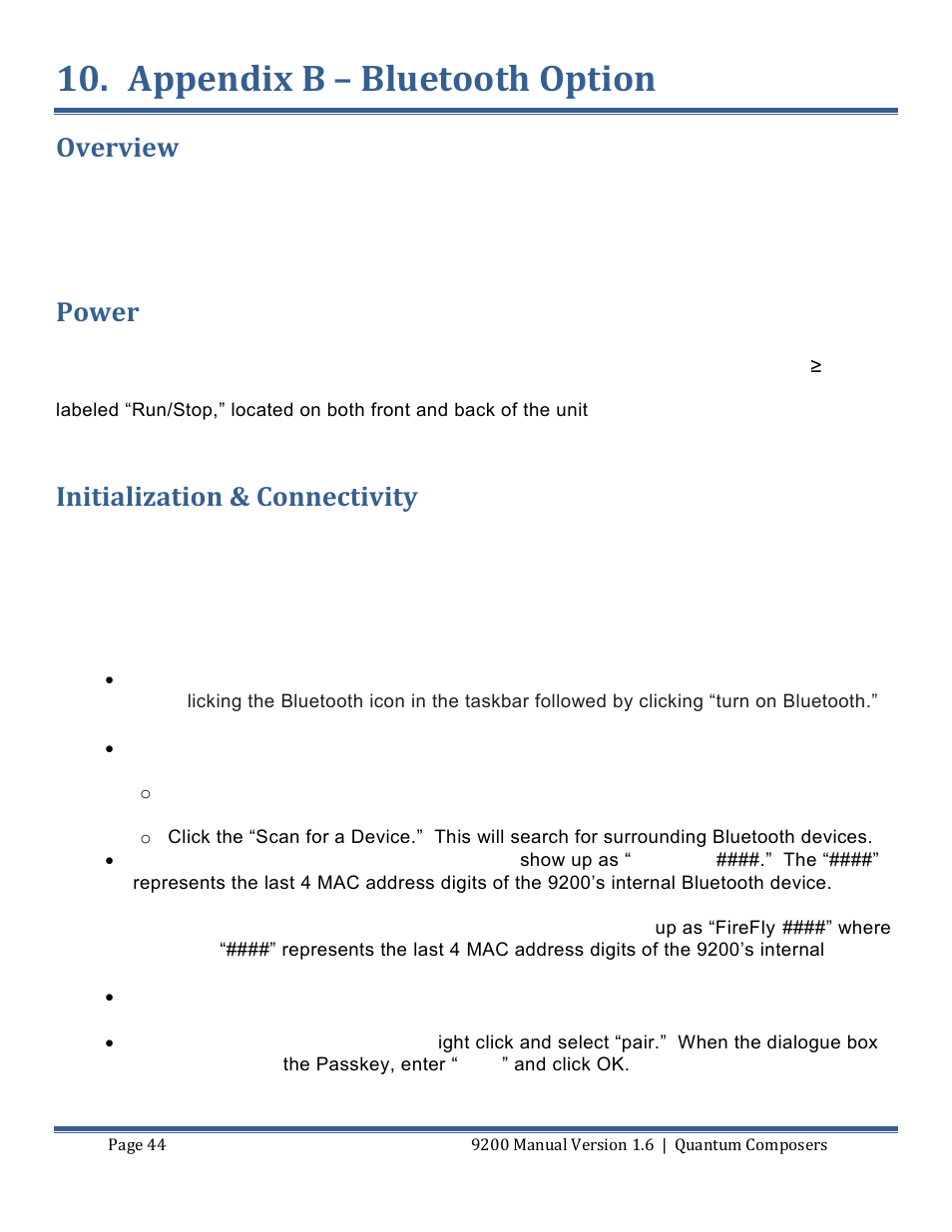 Appendix b – bluetooth option, Verview, Ower | Nitialization, Onnectivity, Overview, Power, Initialization & connectivity | Quantum Composers 9200 Series User Manual | Page 44 / 58