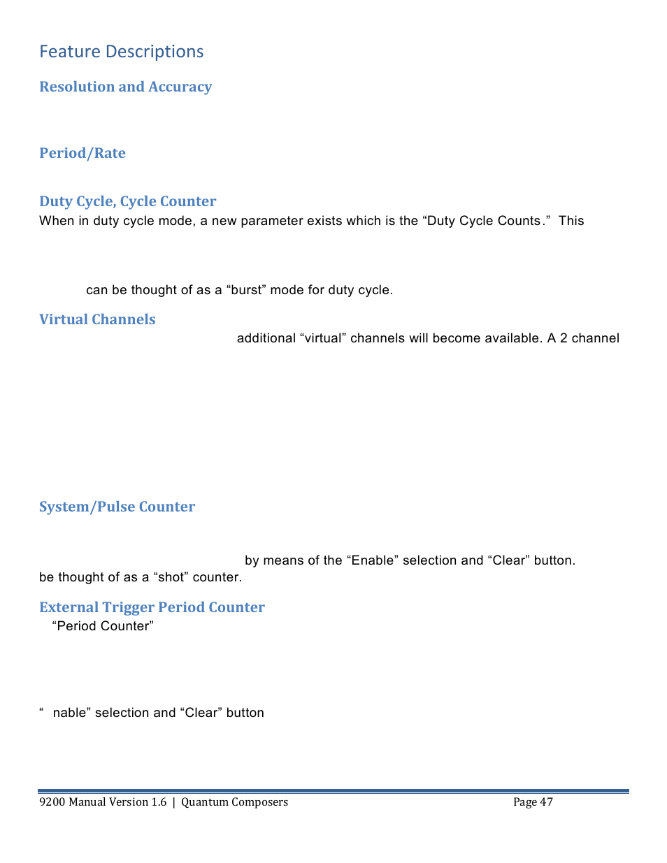 Eature, Escriptions, Resolution and accuracy | Period/rate, Duty cycle, cycle counter, Virtual channels, System/pulse counter, External trigger period counter, Feature descriptions | Quantum Composers 9200 Series User Manual | Page 47 / 58