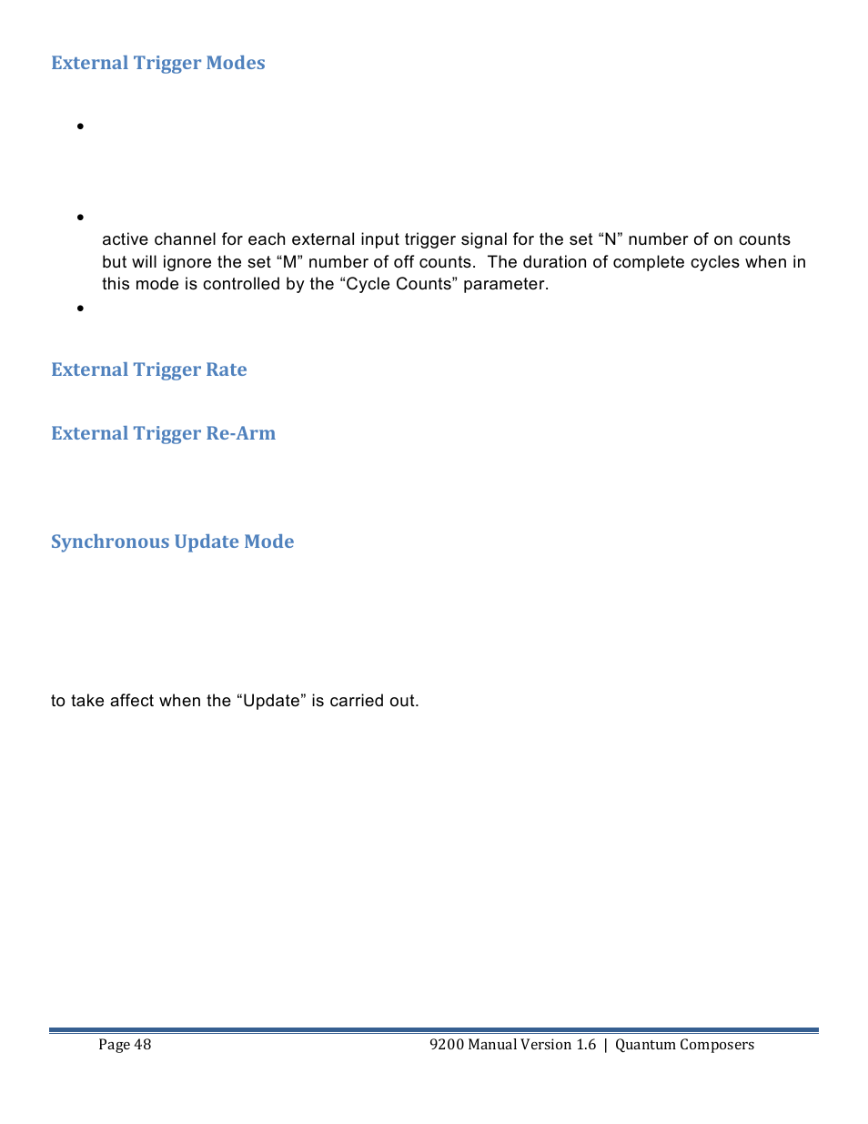 External trigger modes, External trigger rate, External trigger re-arm | Synchronous update mode | Quantum Composers 9200 Series User Manual | Page 48 / 58