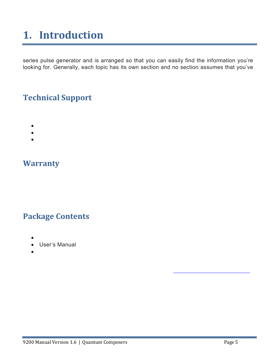 Introduction, Echnical, Upport | Arranty, Ackage, Ontents, Technical support, Warranty, Package contents | Quantum Composers 9200 Series User Manual | Page 5 / 58