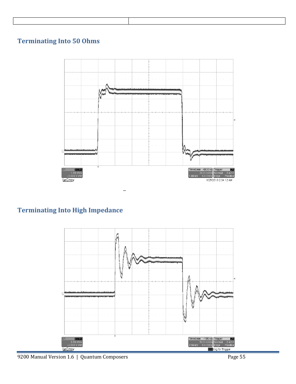 Terminating into 50 ohms, Terminating into high impedance | Quantum Composers 9200 Series User Manual | Page 55 / 58