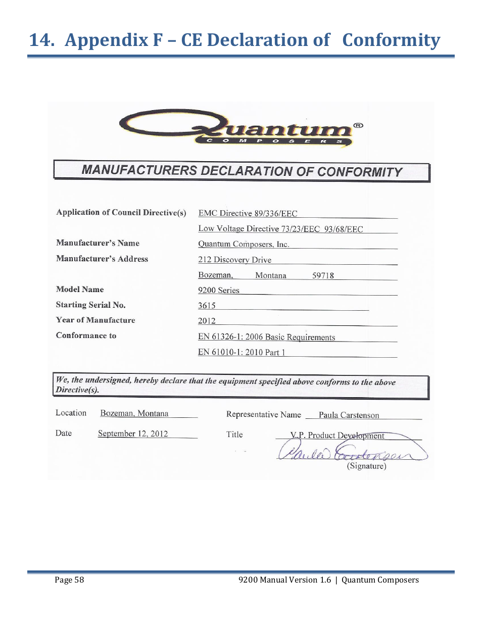 Appendix f – ce declaration of conformity | Quantum Composers 9200 Series User Manual | Page 58 / 58