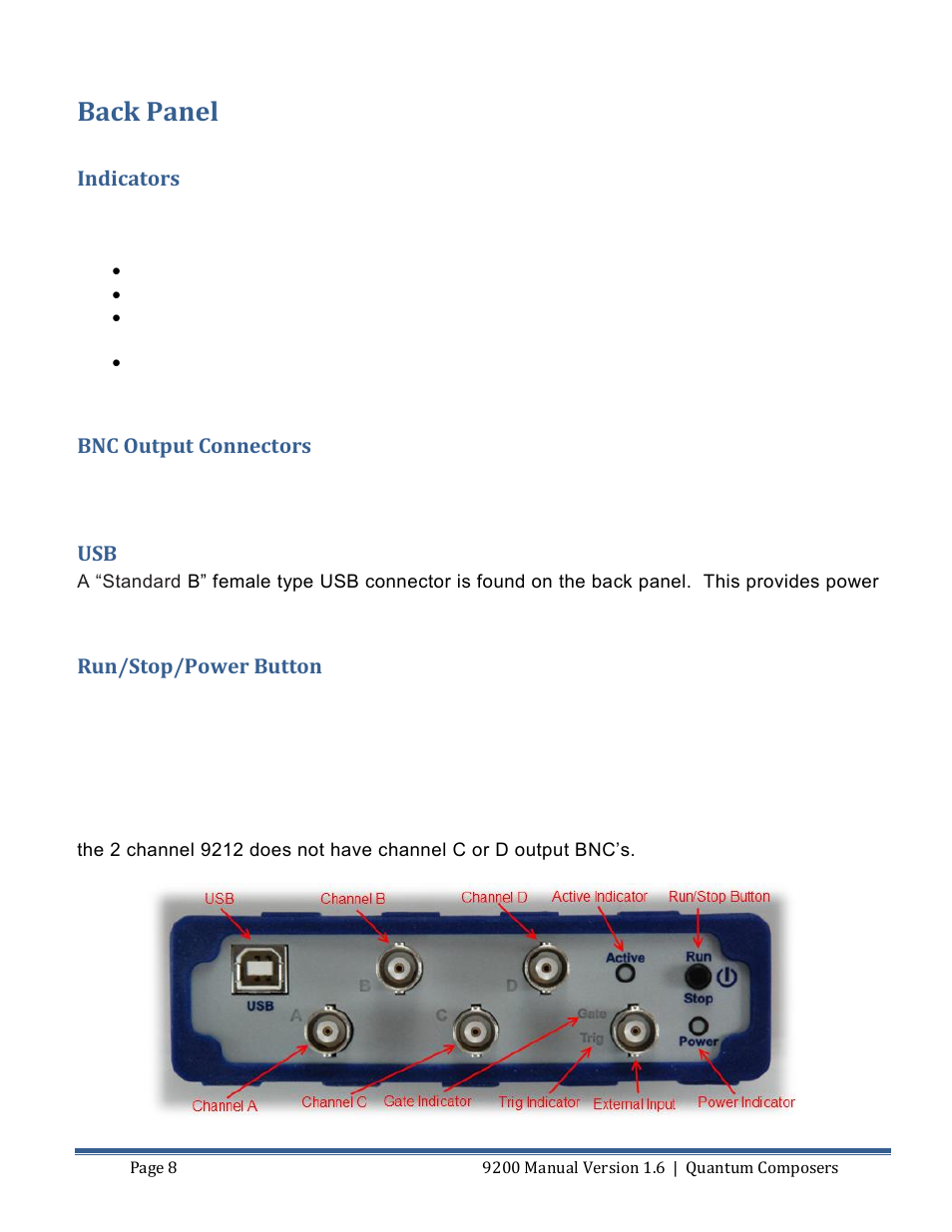 Anel, Indicators, Bnc output connectors | Run/stop/power button, Back panel | Quantum Composers 9200 Series User Manual | Page 8 / 58