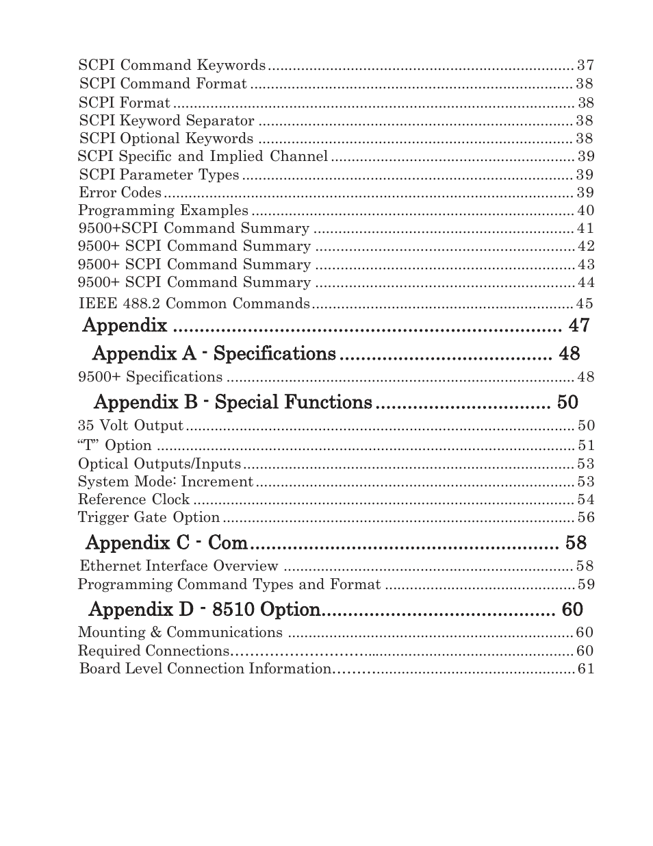 Appendix appendix a - specifications, Appendix b - special functions, Appendix c - com | Appendix d - 8510 option | Quantum Composers 9500 Plus Series User Manual | Page 4 / 70