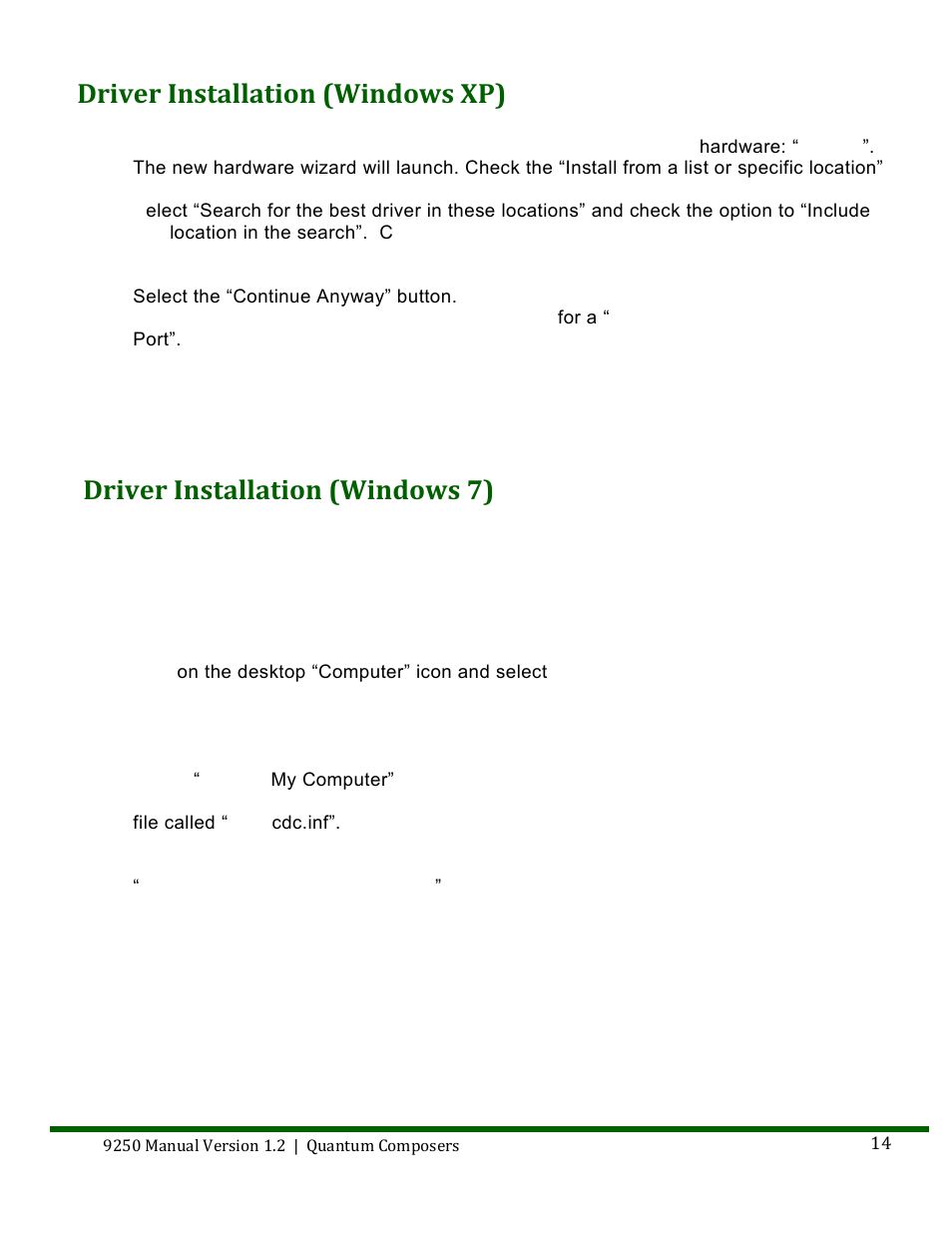 River, Nstallation, Indows | Driver installation (windows xp), Driver installation (windows 7) | Quantum Composers 9250 Series User Manual | Page 14 / 51