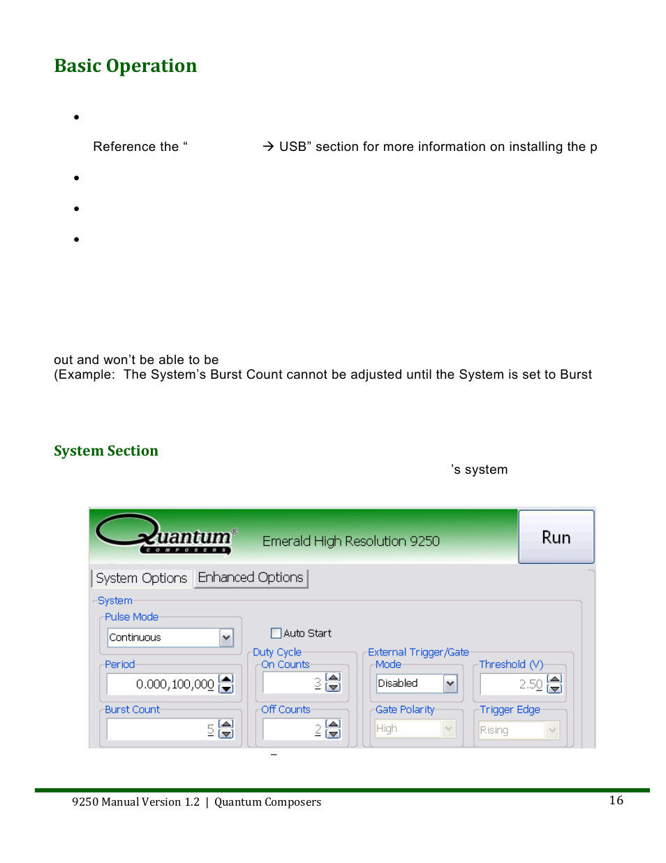 Asic, Peration, System section | Basic operation | Quantum Composers 9250 Series User Manual | Page 16 / 51