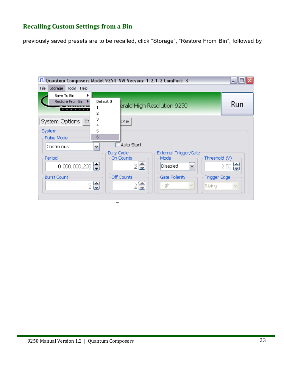 Recalling custom settings from a bin, 9250 application example | Quantum Composers 9250 Series User Manual | Page 23 / 51