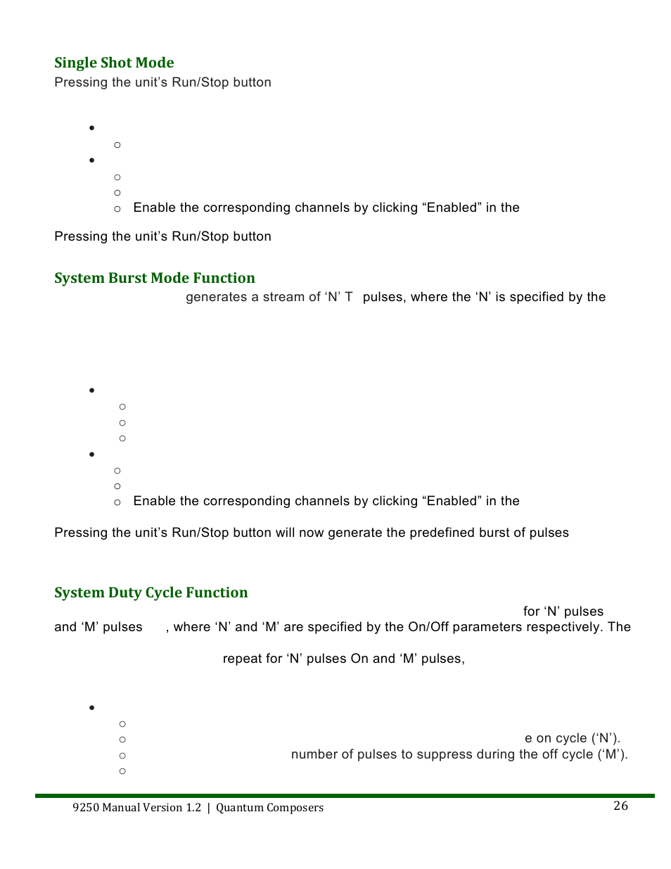 Single shot mode, System burst mode function, System duty cycle function | Quantum Composers 9250 Series User Manual | Page 26 / 51