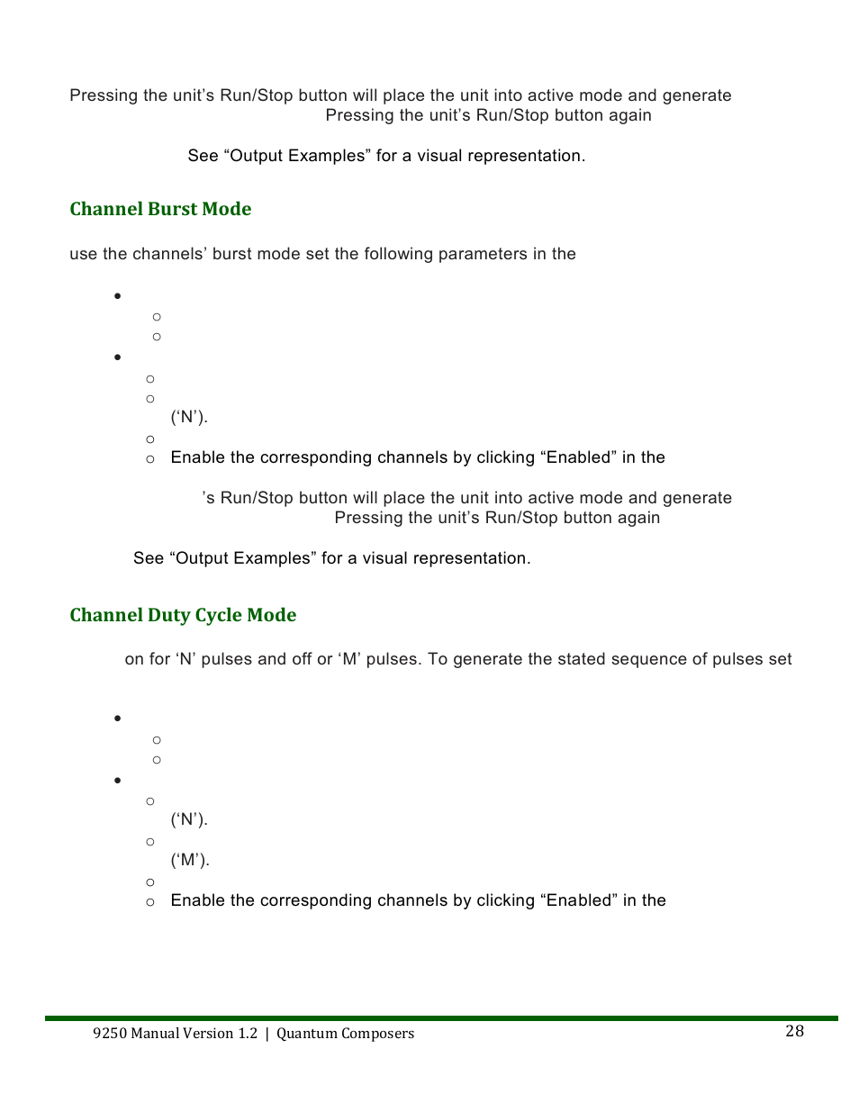 Channel burst mode, Channel duty cycle mode | Quantum Composers 9250 Series User Manual | Page 28 / 51