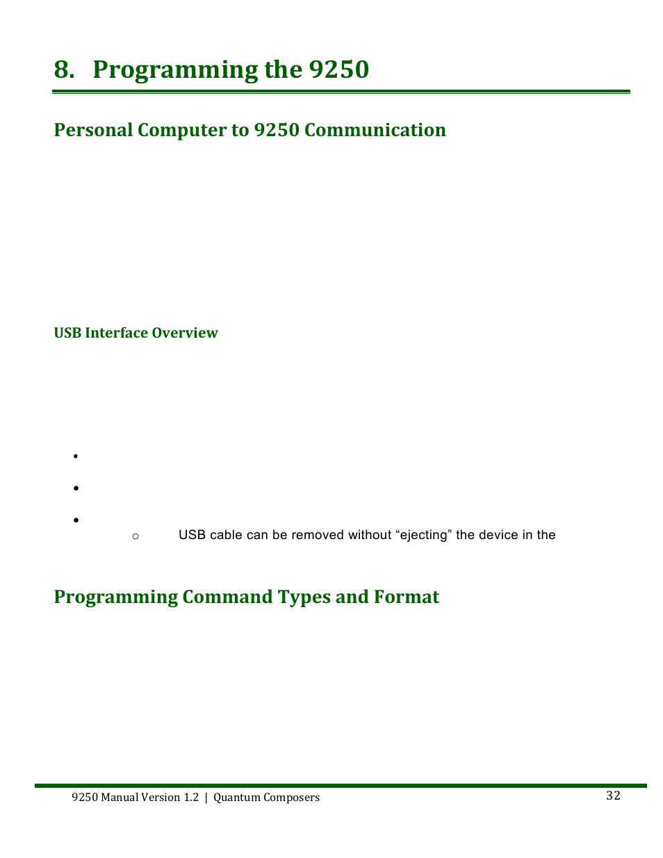 Programming the 9250, Ersonal, Omputer to | Ommunication, Usb interface overview, Rogramming, Ommand, Ypes and, Ormat, Personal computer to 9250 communication | Quantum Composers 9250 Series User Manual | Page 32 / 51