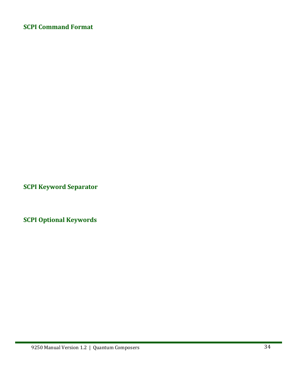 Scpi command format, Scpi keyword separator, Scpi optional keywords | Quantum Composers 9250 Series User Manual | Page 34 / 51