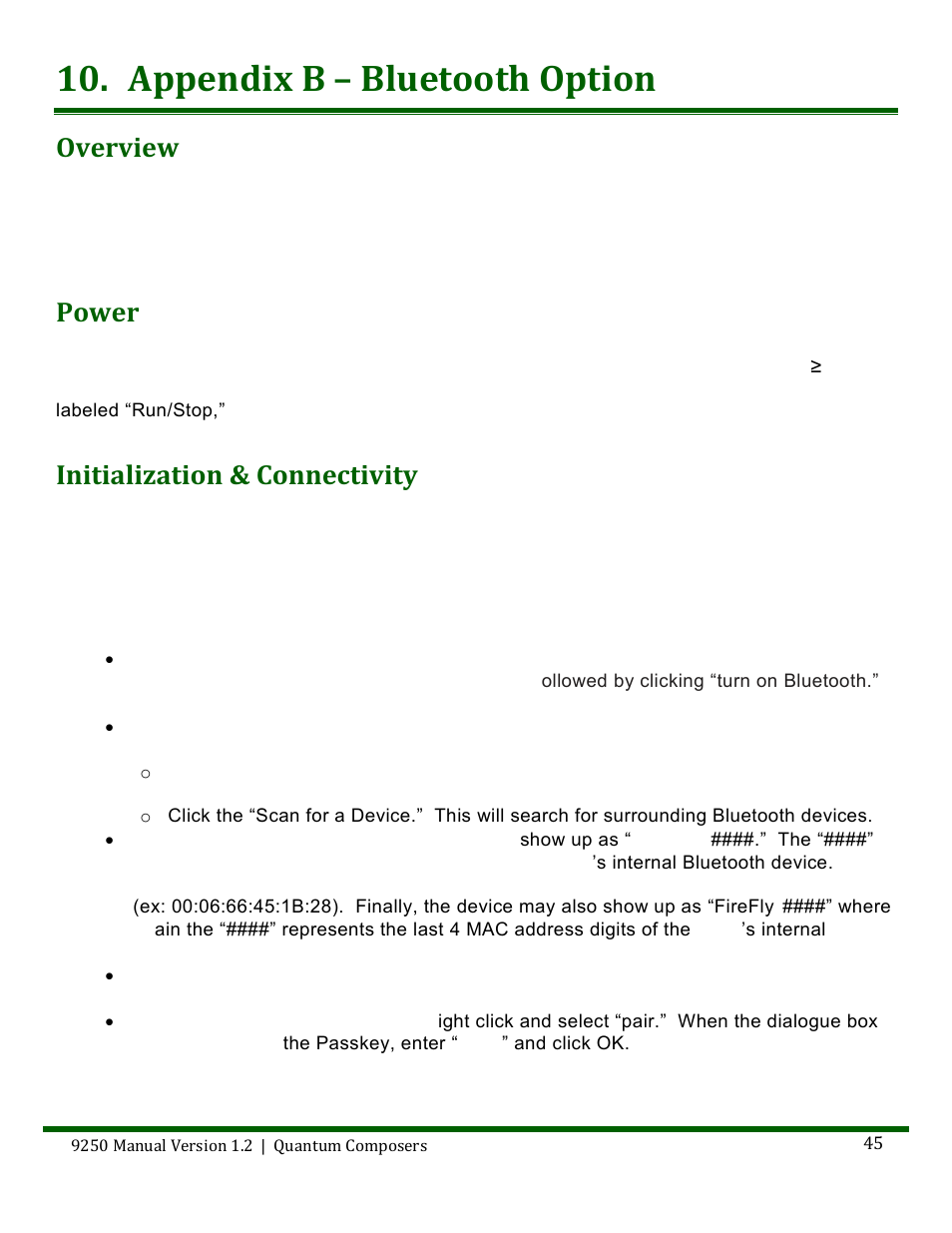 Appendix b – bluetooth option, Verview, Ower | Nitialization, Onnectivity, Overview, Power, Initialization & connectivity | Quantum Composers 9250 Series User Manual | Page 45 / 51