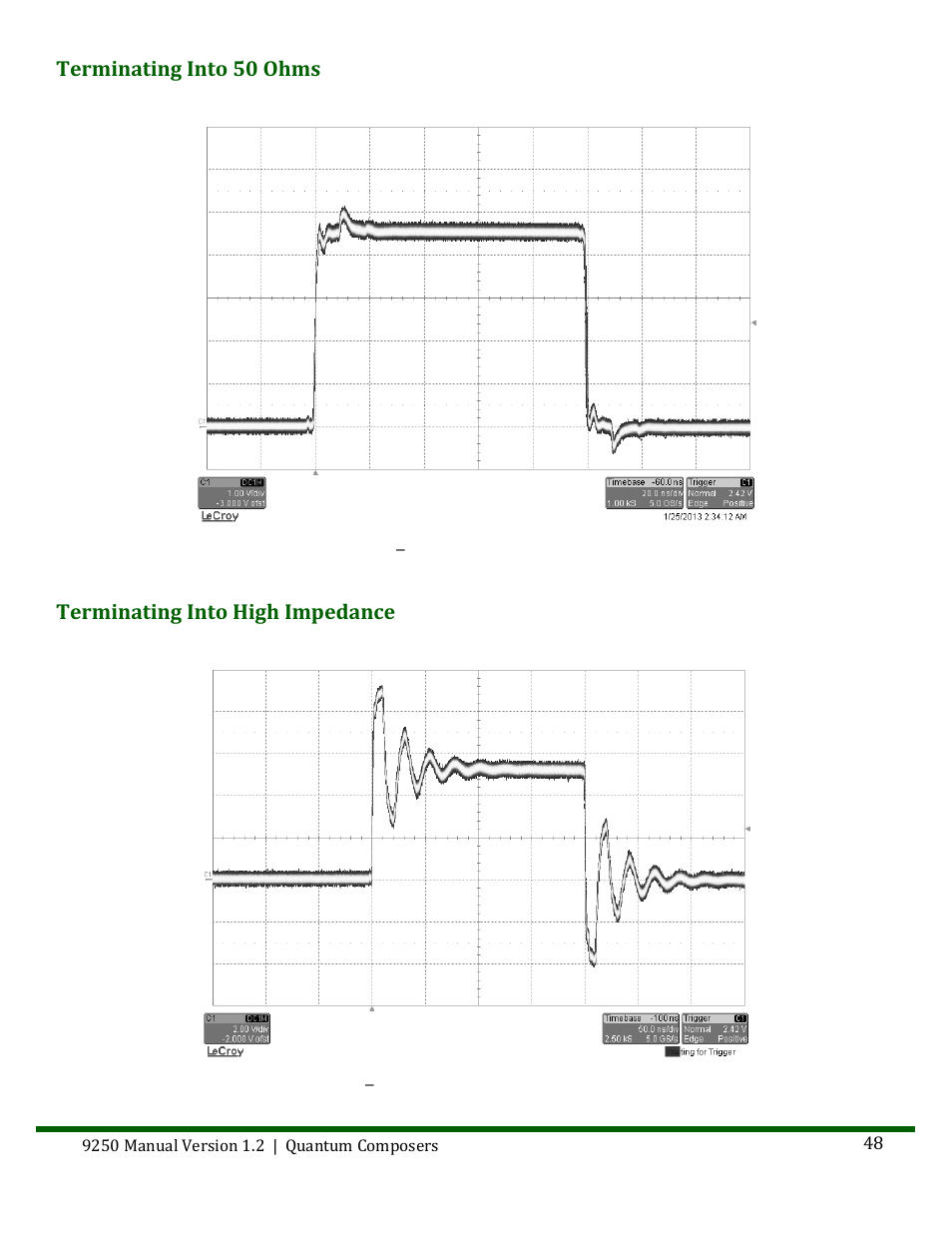 Terminating into 50 ohms, Terminating into high impedance | Quantum Composers 9250 Series User Manual | Page 48 / 51